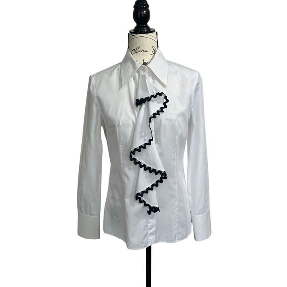Prada Crisp White Poplin Tailored Ruffle Blue Navy Trim Shirt, 42/6 - Picture 1 of 11